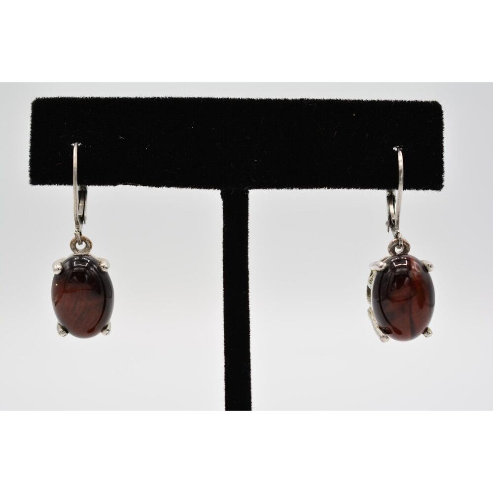 STS Karis Vintage Earrings Tiger's Eye Cabochon Silver Tone Dangle Signed BinAK